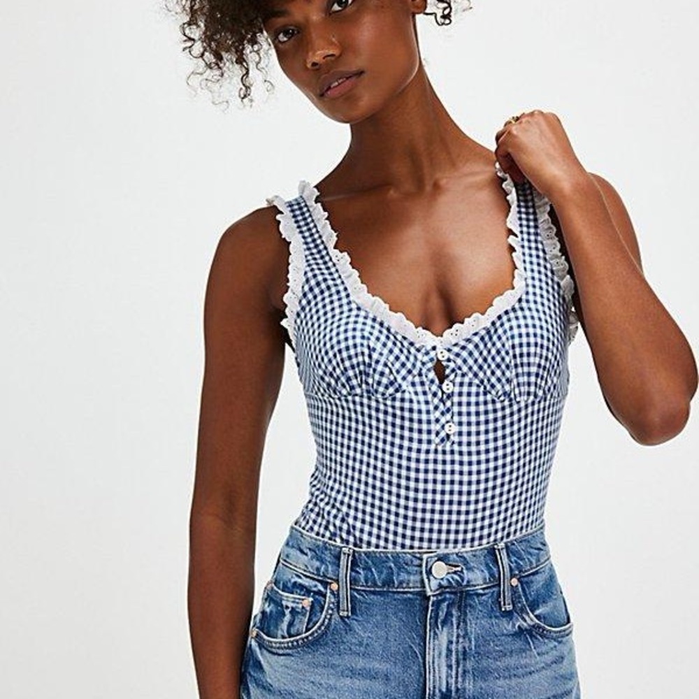 NWOT Free People Gingham Checkered Blue and White Bodysuit